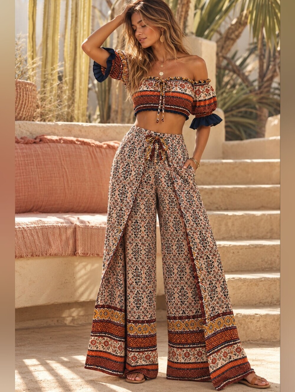 Boho 2 Piece Set Off Shoulder Crop Top Palazzo Pants S/M